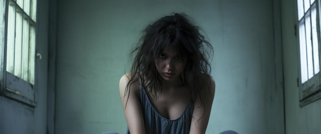 Депрессивная женщина сидит на полу в комнате со светом из окна
