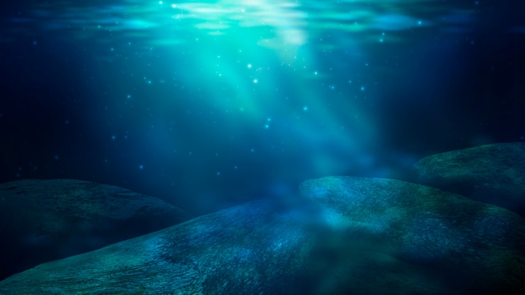 Photo 海の深さ海の底水を通る太陽の光線。水中の岩や石未来の海砂3dイラスト