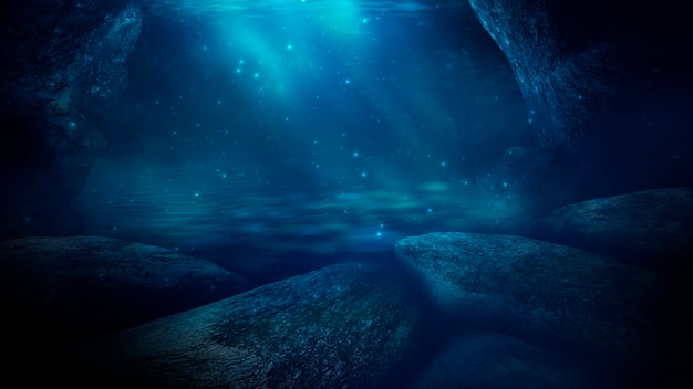 Depth of sea water the bottom of the sea the rays of the sun through the water.   Rocks and stones under water Futuristic Sea sand 3d illustration