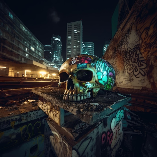 Photo in the depths of a cyberpunk city a robotic skull rests on a graffiti covered rooftop ai generative