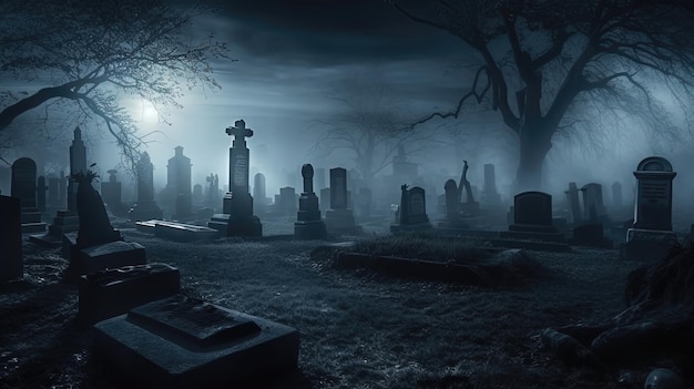 In the depths of the night the eerie graveyard becomes a realm of spectral beauty Ghostly apparitions float among the tombstones Generated by AI