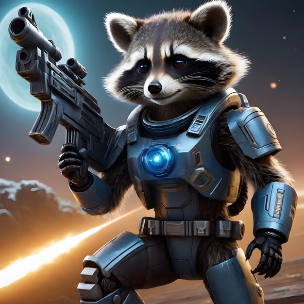 In the depths of space an anthropomorphic robot raccoon stands aboard a sleek and advanced spaceshi