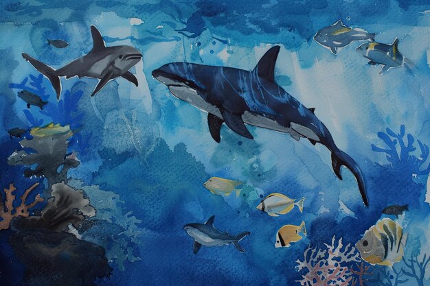 Depths of Water Colours a watercolour portrait of underwater world where play of colours creates the illusion of diving into the depths of the ocean home to mysterious creatures and amazing plants