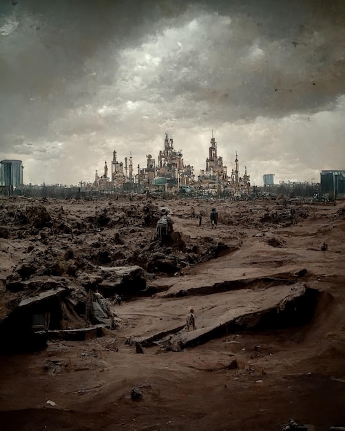 Derelict Dieselpunk Metropolis in Wasteland Post Apocalyptic Art Illustration