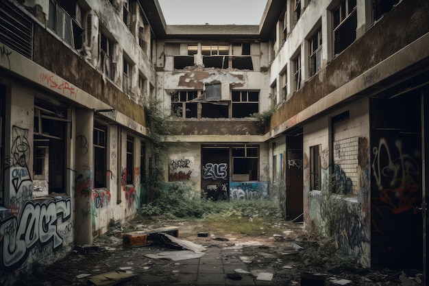 Derelict hospital with broken windows and graffiti on the walls