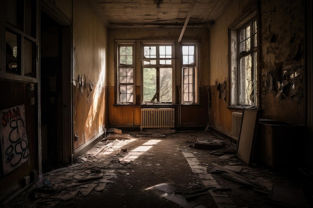 Derelict hospital with broken windows and graffiti on the walls