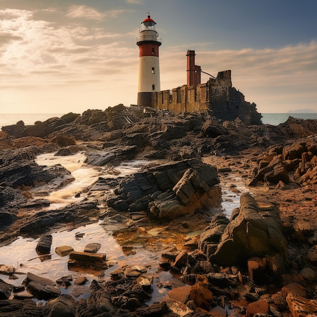 Derelict lighthouse on a rocky coast