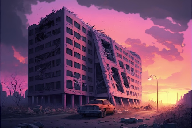 日没時の未来的な大都市の遺棄された構造物SF風景ファンタジーコンセプトイラスト絵画生成AI