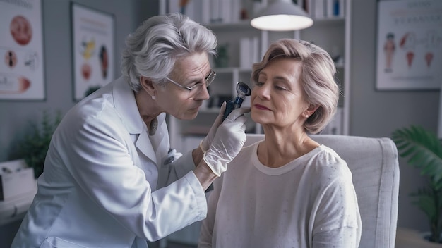 피부 질환 을 고 있는 매력적 인 환자 를 검사 하는 동안 피부 장비 를 들고 있는 라텍스 장갑 을 입은 피부 의학자
