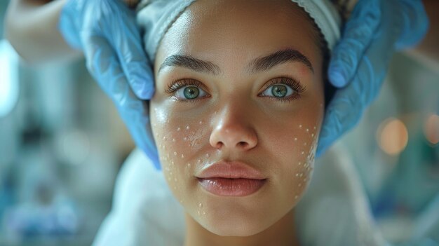 Dermatology doctor treating a female patient who has an allergic rash dermatitis and eczema on her skin