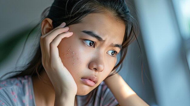 写真 肌科 顔の表情 アジアの若い女性が鏡を見ている 顔に手を触れる 黒い斑点のメラズマ アレルギー 太陽の色素 メラニン 美容 肌の問題 治療 肌のケア