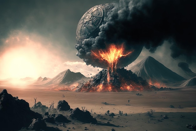 Ненасыщенное изображение пустынной планеты с внеземными объектами в небе, включая вулкан