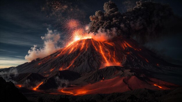 사진 환상적인 영역에서 폭발하는 화산에 대해 설명하십시오. 활기찬 불꽃과 불꽃을 아내는 것.
