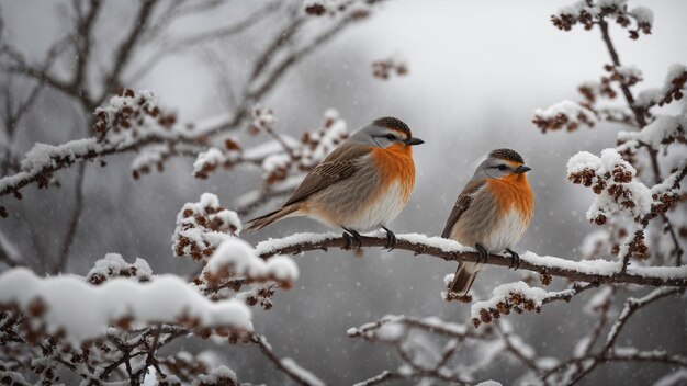 Photo describe the behavior and interaction of winter birds perched on snowcovered branches capturing th