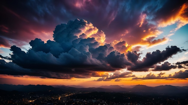 夕暮れ の 時 に 色彩 の 多様 な 雲 の 景色 を 描写 し て ください 雲 は 複雑 な 形 を 形成 し て い ます