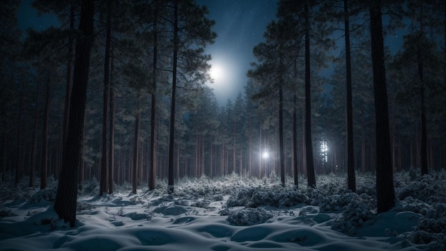 Foto descrivere il complesso ecosistema di una foresta di pini di notte durante l'inverno, evidenziando l'interazione o