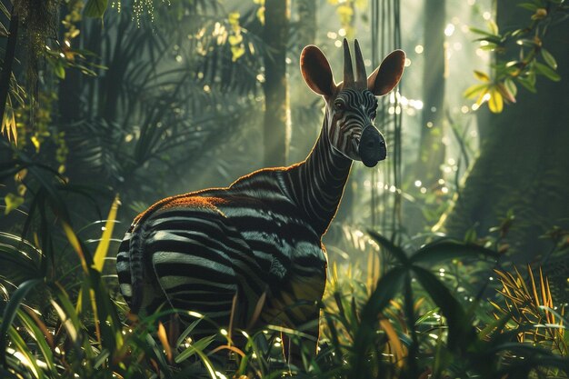 Photo describe the enigmatic sight of an okapi in a hype generative ai