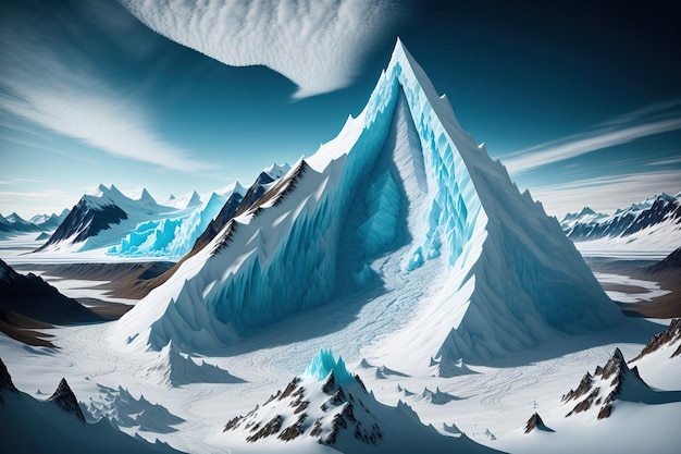 Describe a glacier carving through a mountain range