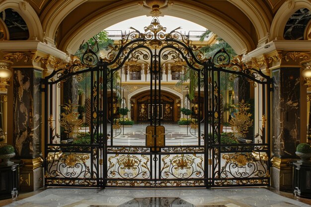 Photo describe a grand entrance to a luxury el where gue generative ai