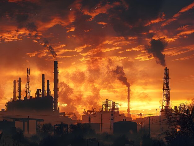 Photo describe industrial scene with bold sunset backdrop ai generated