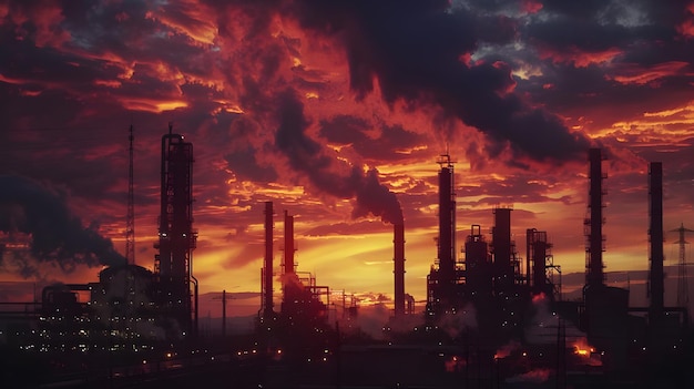 Photo describe industrial scene with bold sunset backdrop ai generated