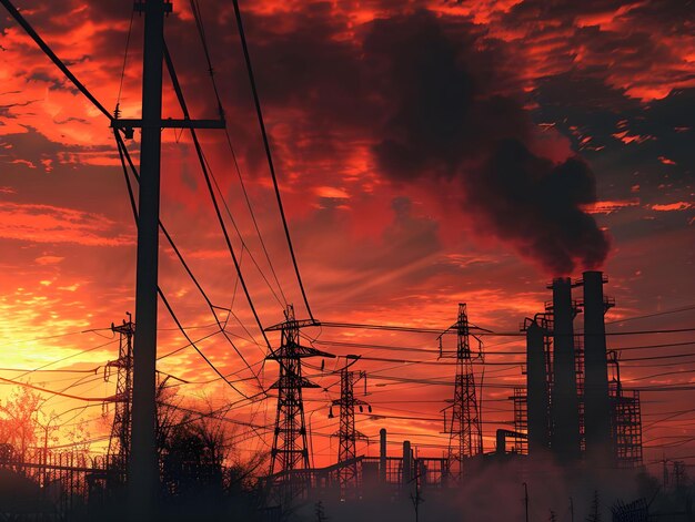 Photo describe industrial scene with bold sunset backdrop ai generated