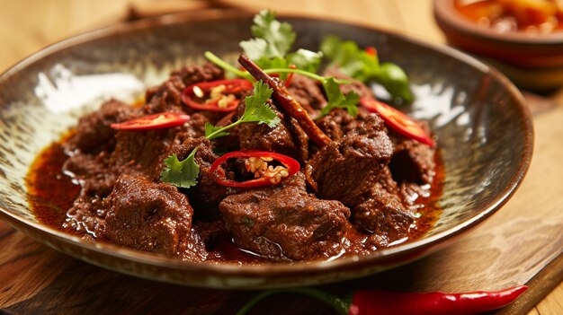 Photo describe the intricate dance of spices as they merge with the tender beef in rendang generative ai