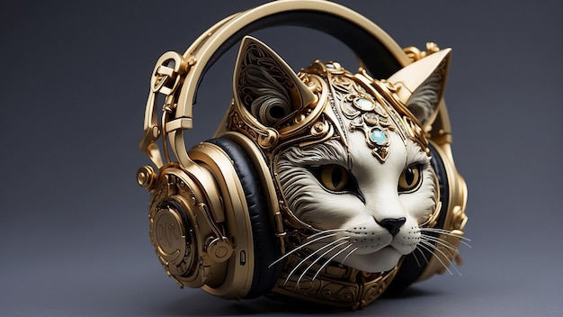 Describe the intricate details of the anthropomorphic cats headphones including the brand model