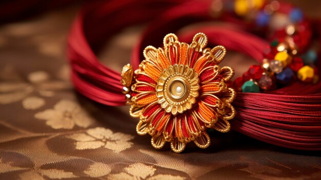 Photo describe the intricate details and symbolism behind the design of a rakhi focusing