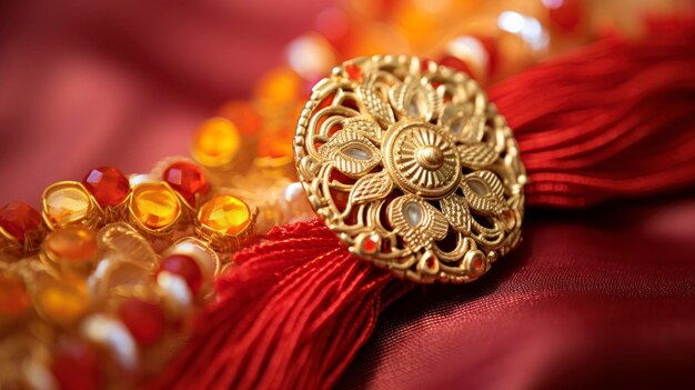 Photo describe the intricate details and symbolism behind the design of a rakhi focusing