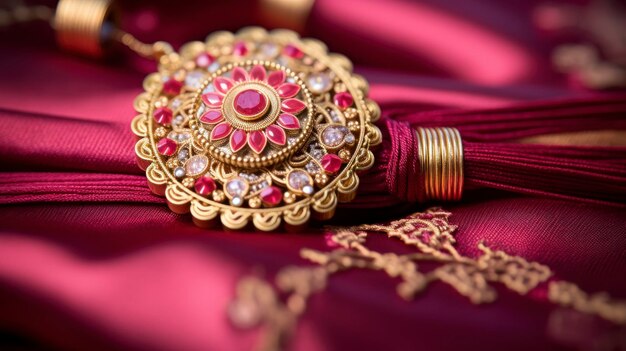 Photo describe the intricate details and symbolism behind the design of a rakhi focusing