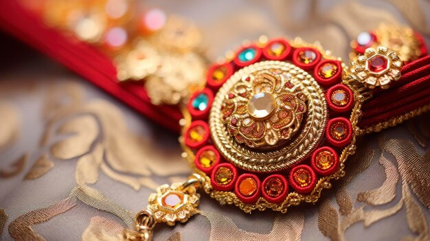 Photo describe the intricate details and symbolism behind the design of a rakhi focusing