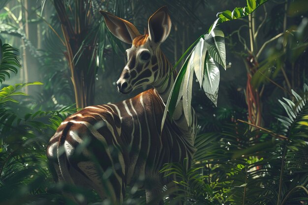 Photo describe the mesmerizing sight of an okapi in a hy generative ai