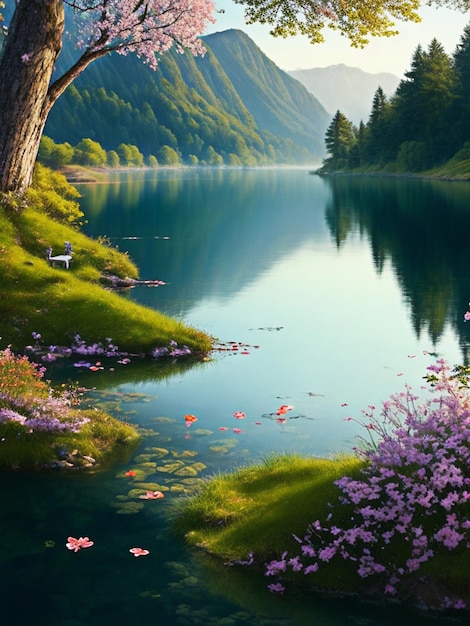 Describe a serene scene in nature that captures the essence of natural beauty Use vivid language t