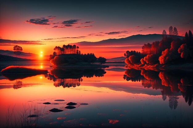 Foto descrivi uno splendido tramonto su un lago tranquillo