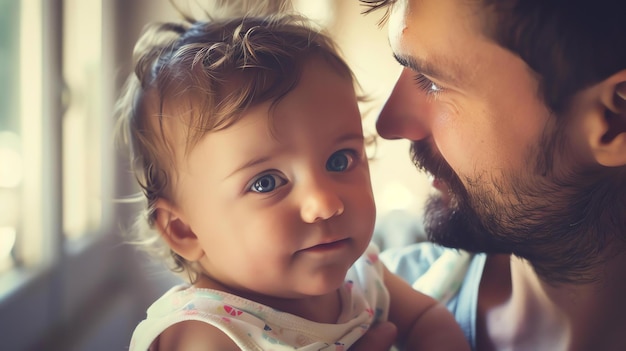 Description This is a photo of a father and his baby daughter The father is holding the baby in his arms and looking down at her with love