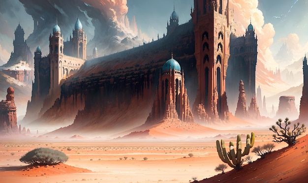 砂漠 エイリアンの惑星 火星の風景 赤い惑星の表面のクレーターと山脈の未知の深さへの旅 生成 AI