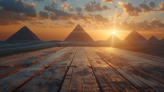 Foto ambiente del deserto un tavolo di legno vuoto sullo sfondo maestoso di piramidi e statue di sfinge