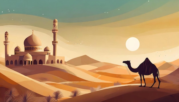 写真 砂漠のアラビア風景イラスト イスラム国旗の背景にモスクアラビアとラクダ