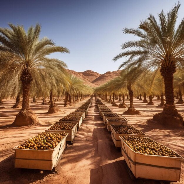 a desert area with palm trees and crates of fruit