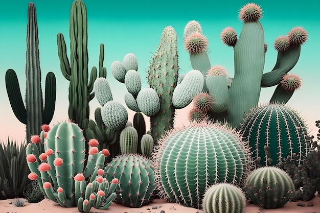 Desert Cacti 선인장 꽃과 Saguaros 신경망 AI 생성