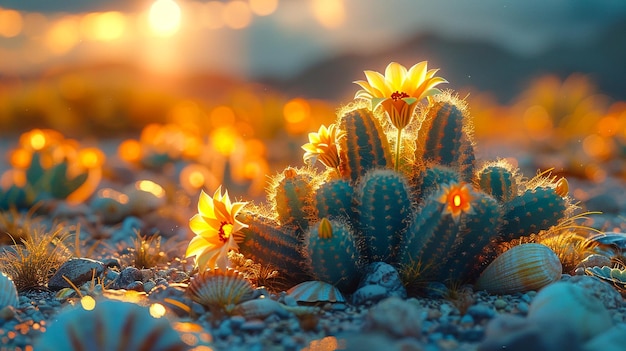 Desert cactus cinema summer messy bushes Danxia landform background sunset backlight retro color