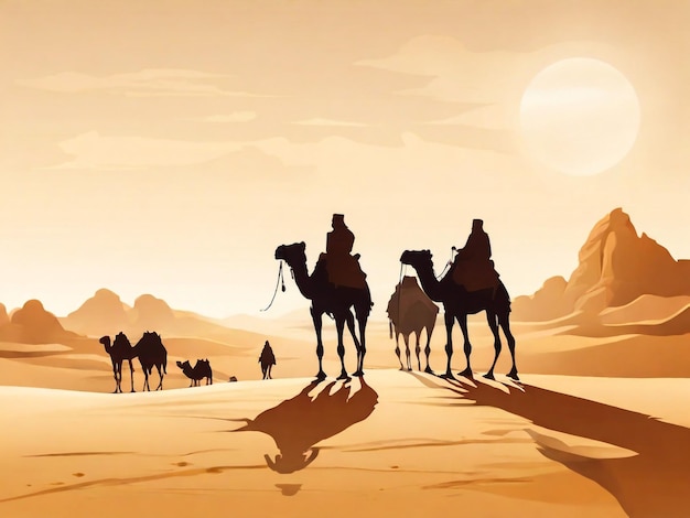 Desert camel caravan silhouette over the sunset