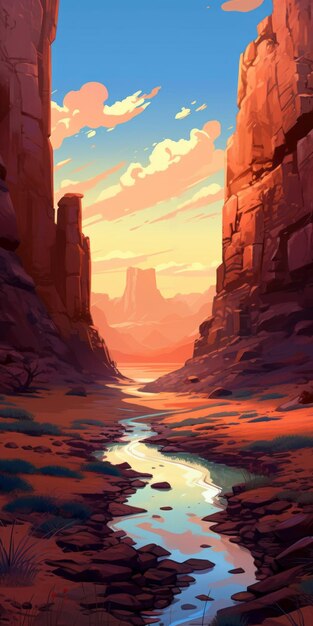 Desert Canyon Stream A Digital Painting With Flat Perspective And Ominous Vibe