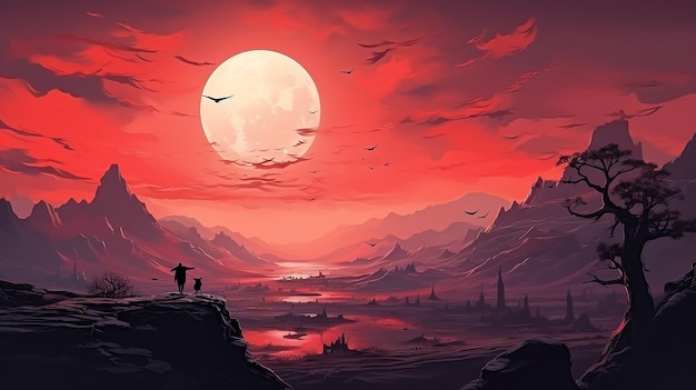 Desert Clear Day Red Sky Illustration Style