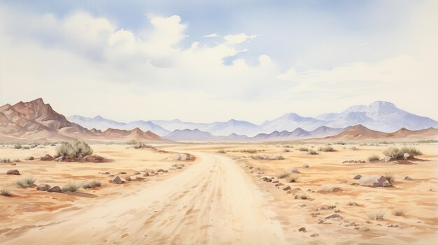 Photo desert dirt road realistic watercolor landscape painting