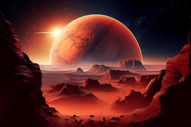 Desert on a distant planet the moon rose in the sky AI generated