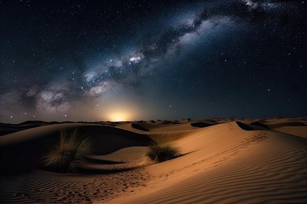 Desert dunes in the night with starry sky and moonlight