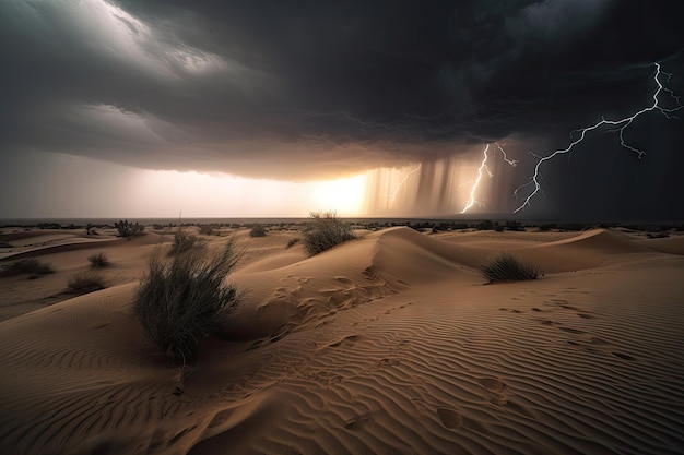 Desert dunes rolling past thunderstorm with lightning bolts striking the ground