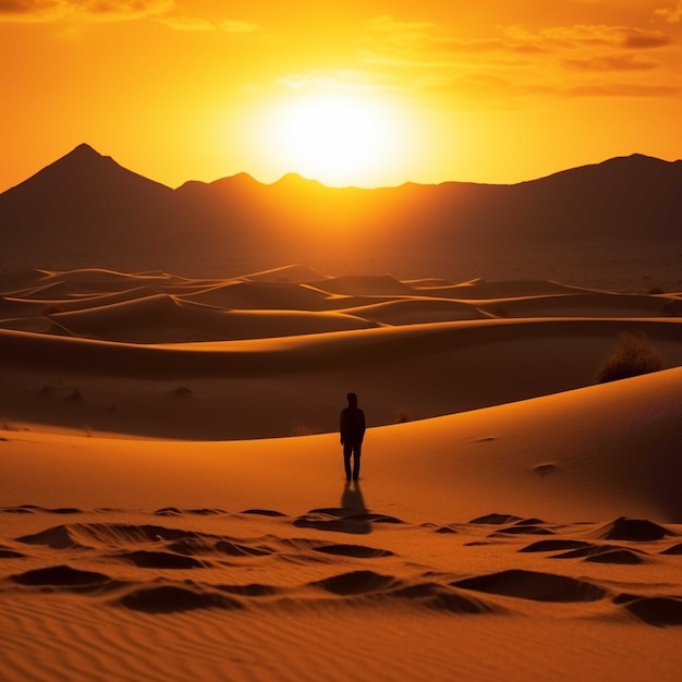 Foto dune del deserto al tramonto donna che cammina nelle dune di sabbia del deserto del sahara